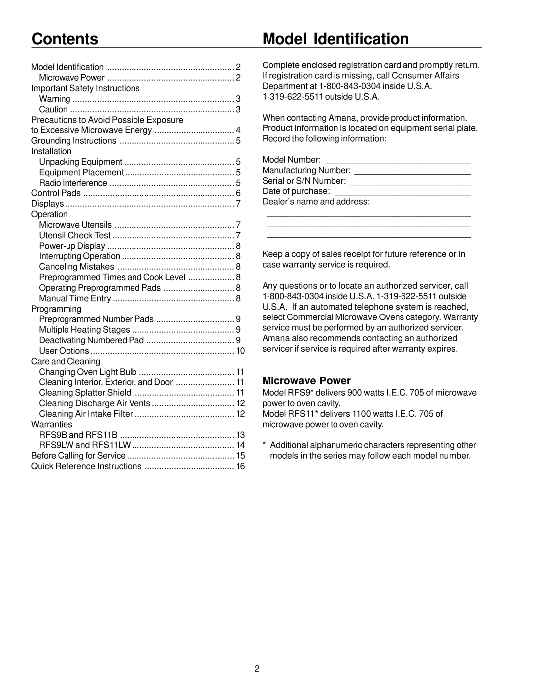 Amana RFS9, RFS11 owner manual Contents Model Identification 