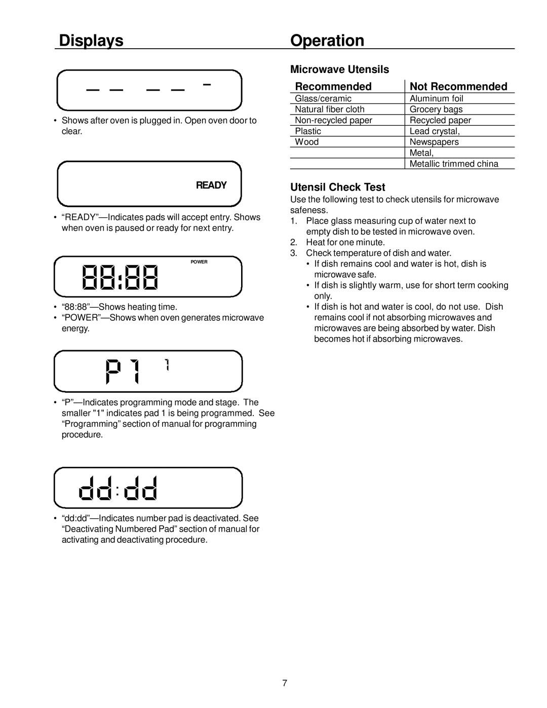 Amana RFS11, RFS9 owner manual Displays Operation, Microwave Utensils Recommended Not Recommended, Utensil Check Test 