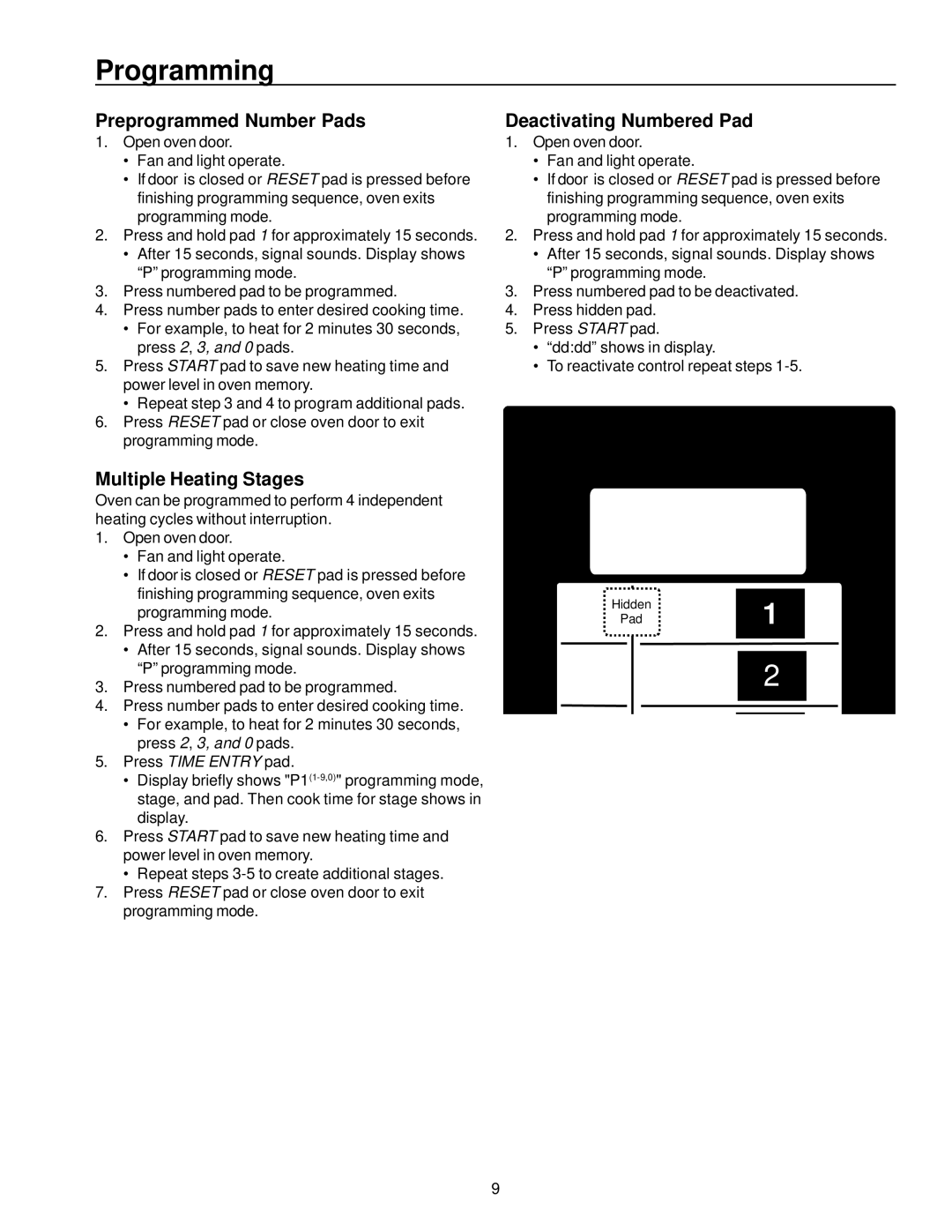 Amana RFS11, RFS9 owner manual Programming, Preprogrammed Number Pads, Deactivating Numbered Pad, Multiple Heating Stages 