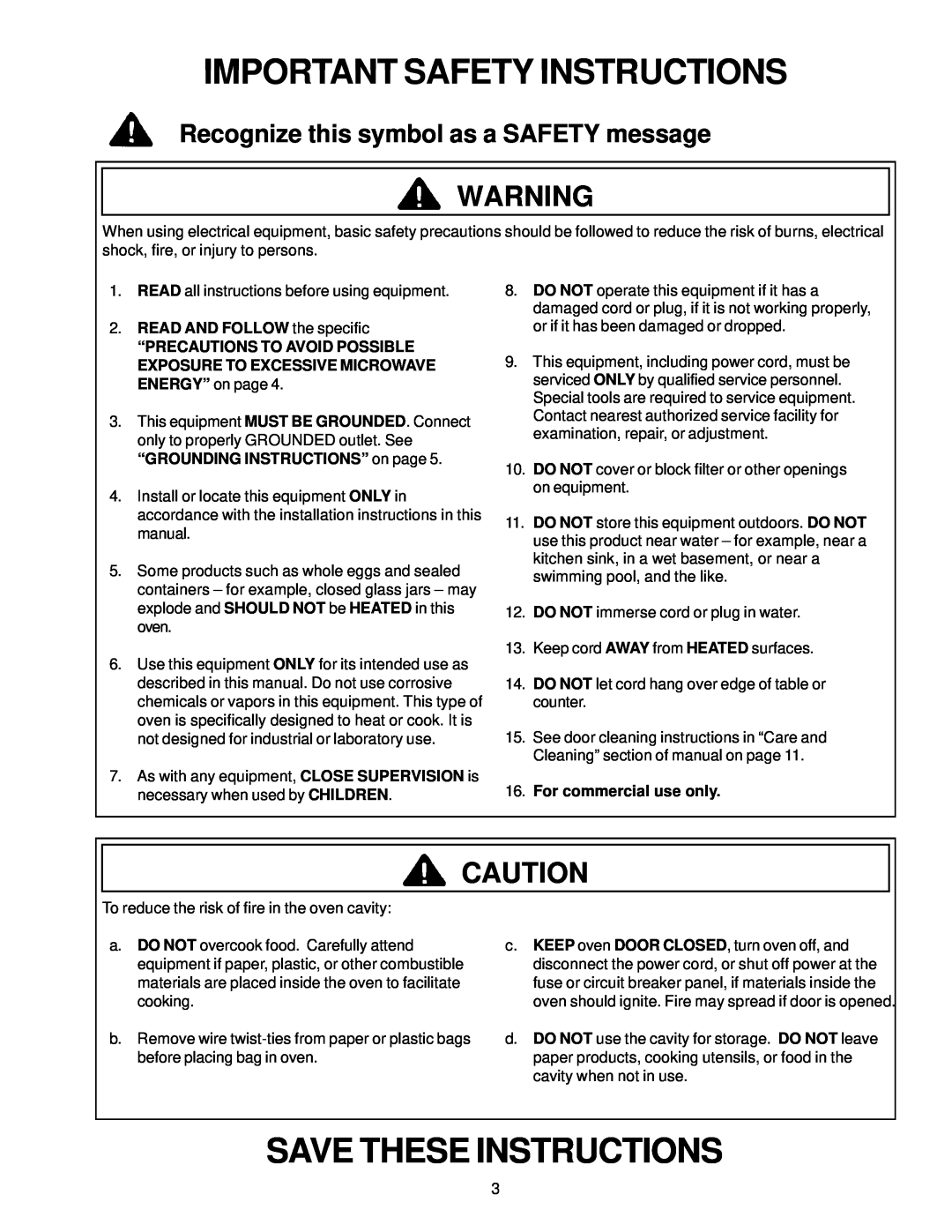 Amana RFS11 Important Safety Instructions, Save These Instructions, READ AND FOLLOW the specific, For commercial use only 
