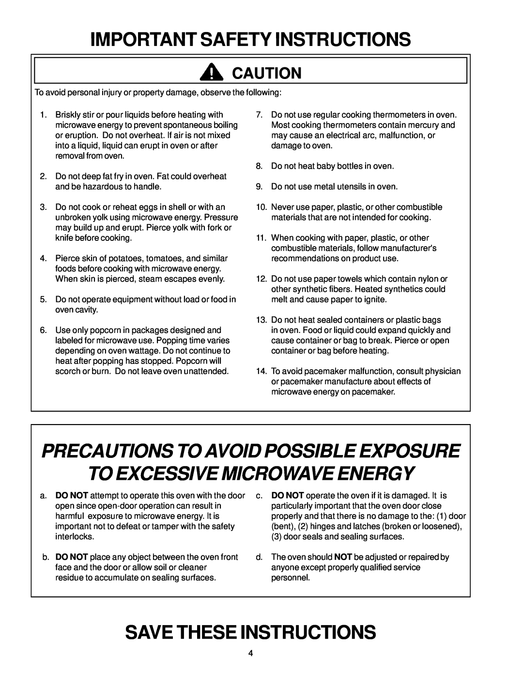 Amana RFS9, RFS11 Important Safety Instructions, Precautions To Avoid Possible Exposure To Excessive Microwave Energy 