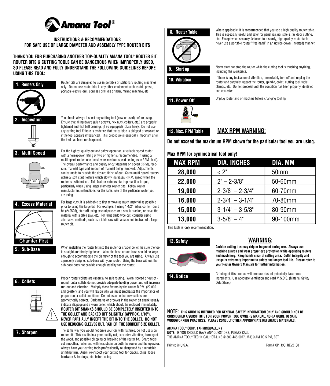 Amana Router Bit owner manual Routers Only, Start up, Vibration, Excess Material, Sub-Base, Safety, Sharpen 