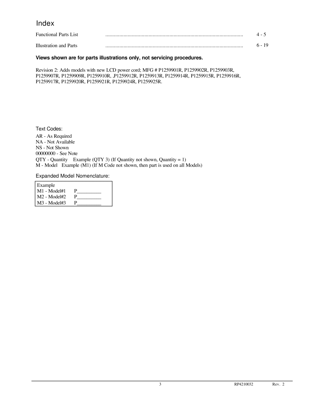 Amana RP4210032 manual Index, Text Codes, Expanded Model Nomenclature 