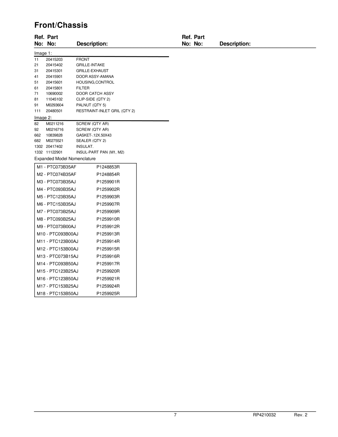 Amana RP4210032 manual Ref. Part No No Description 