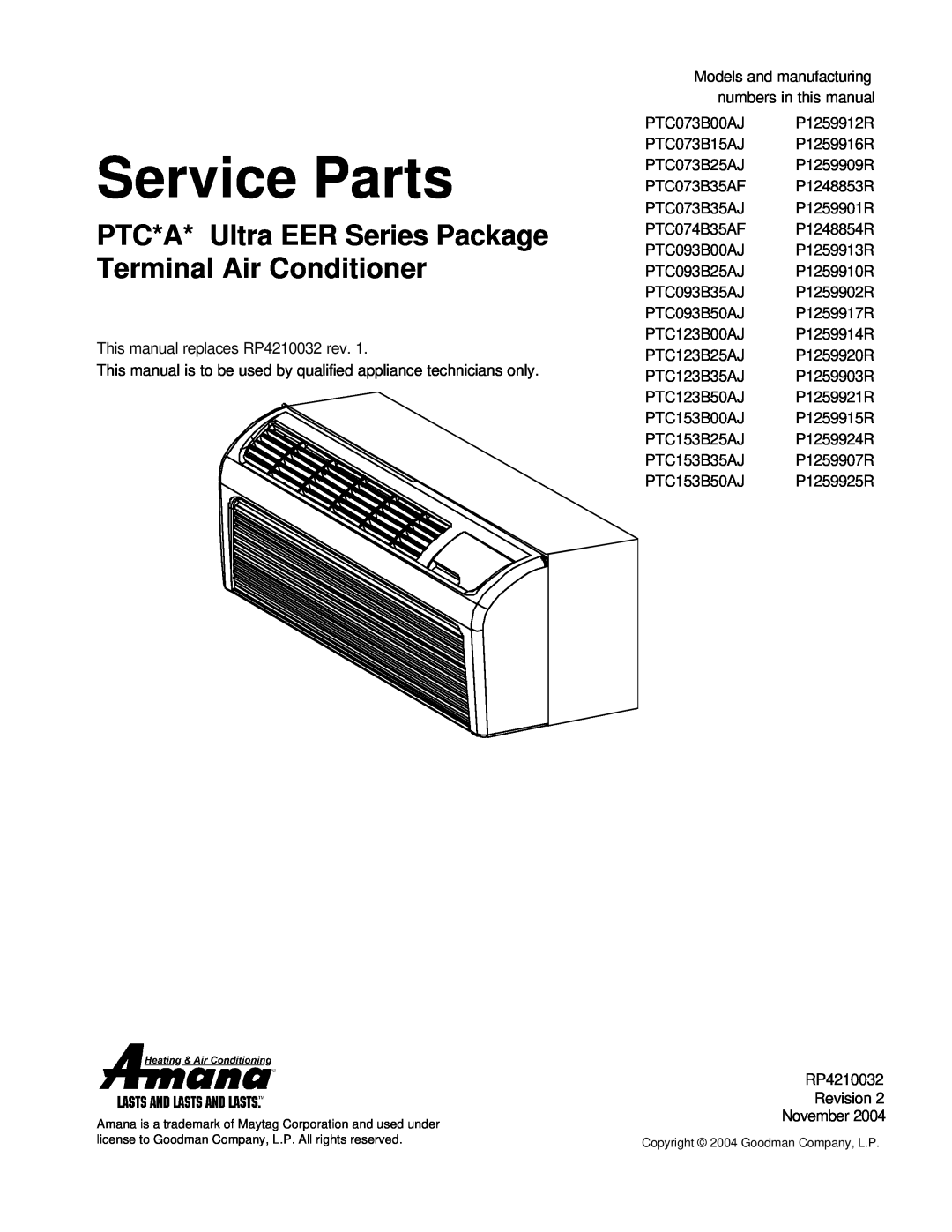 Amana RP4210032 manual Service Parts 
