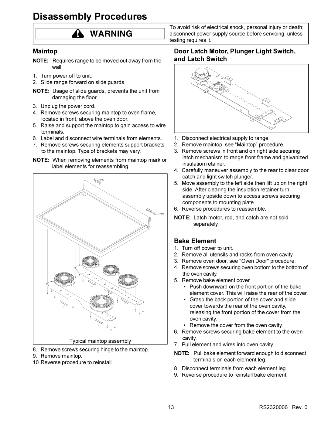 Amana RS2320006 service manual Maintop Door Latch Motor, Plunger Light Switch Latch Switch, Bake Element 