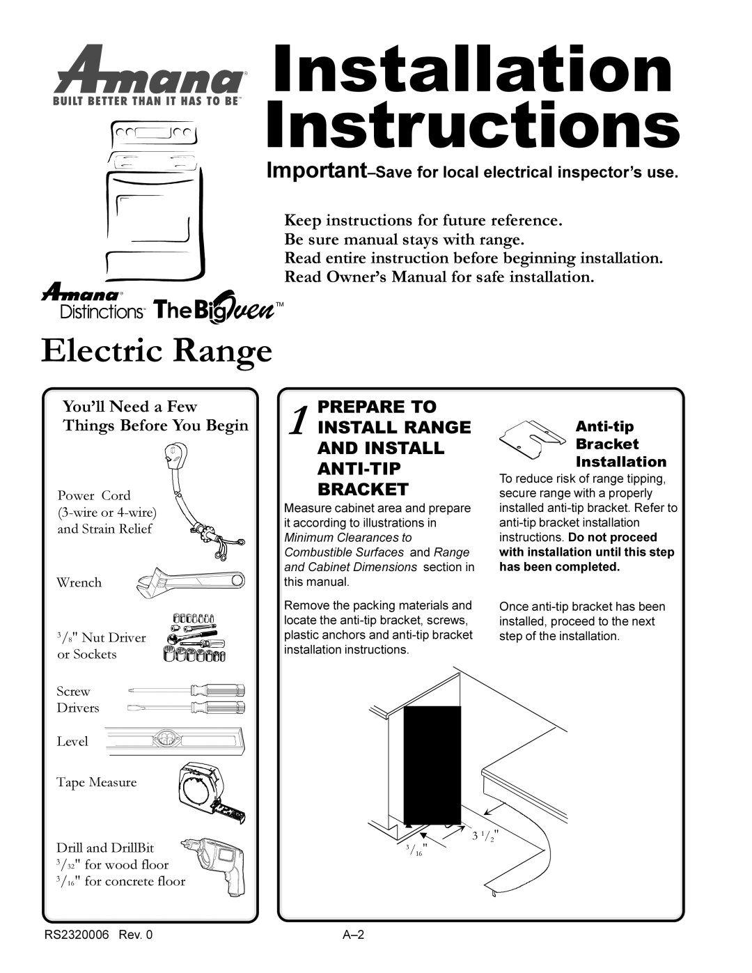 Amana RS2320006 service manual Installation Instructions, Anti-tip Bracket Installation 