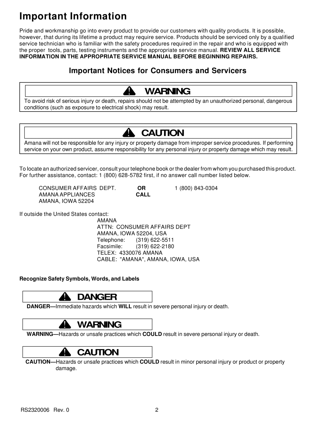 Amana RS2320006 service manual Important Information, Recognize Safety Symbols, Words, and Labels 