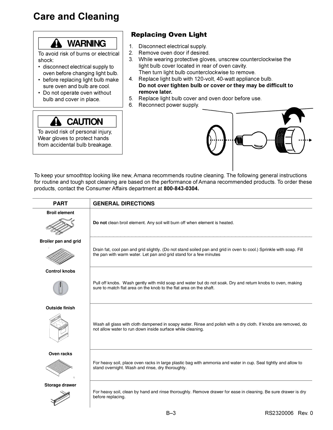 Amana RS2320006 service manual Replacing Oven Light, Part General Directions 