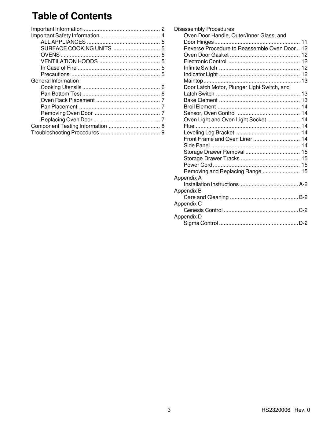 Amana RS2320006 service manual Table of Contents 