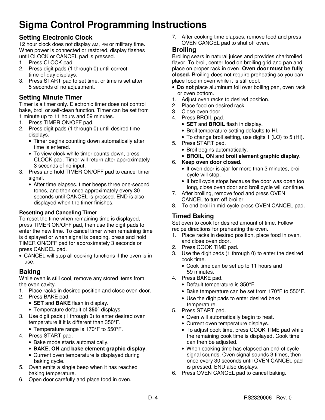 Amana RS2320006 service manual Sigma Control Programming Instructions 