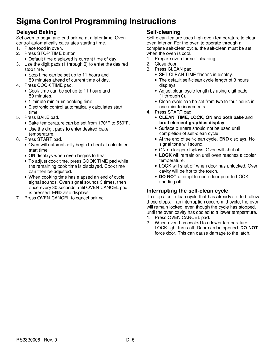 Amana RS2320006 service manual Delayed Baking, Self-cleaning, Interrupting the self-clean cycle 