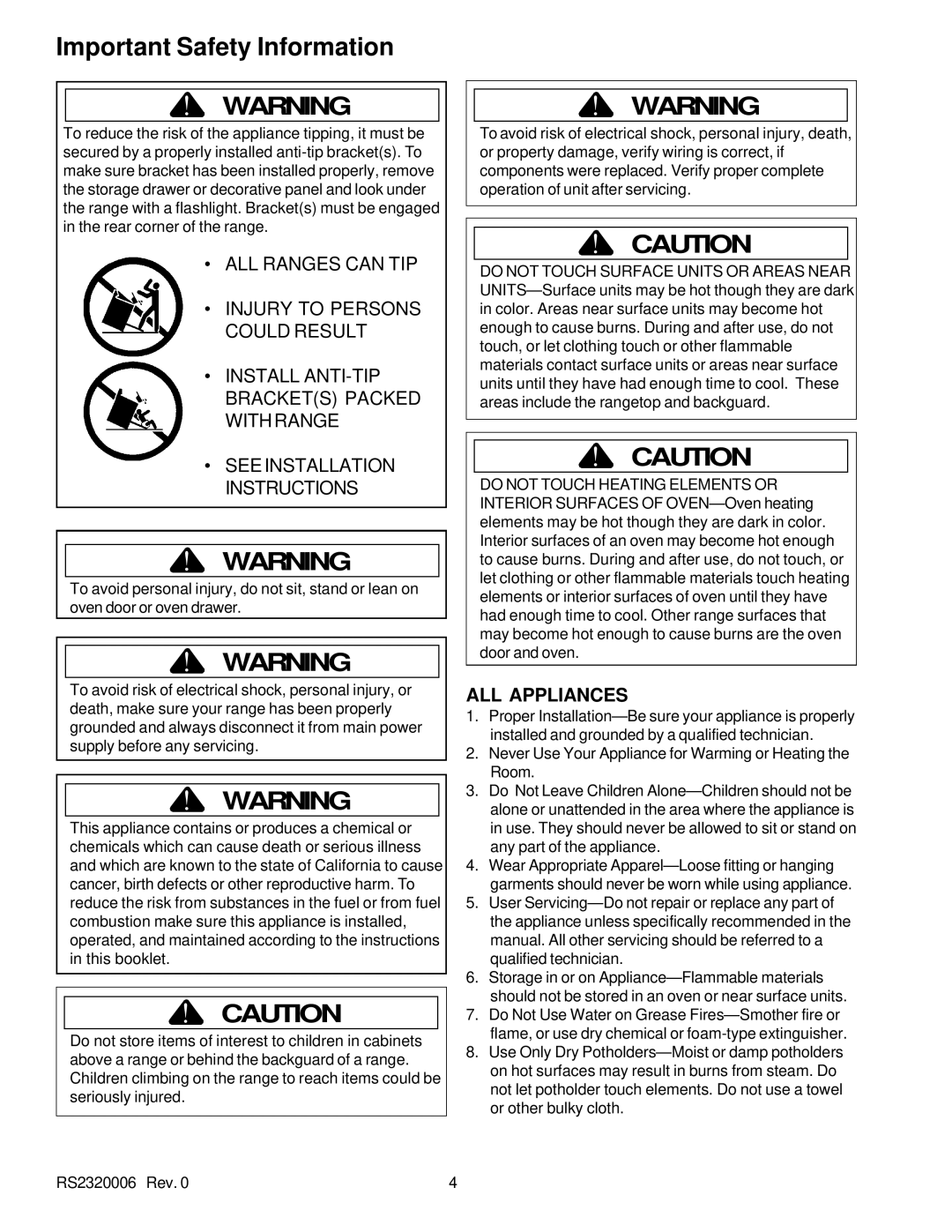 Amana RS2320006 service manual Important Safety Information 