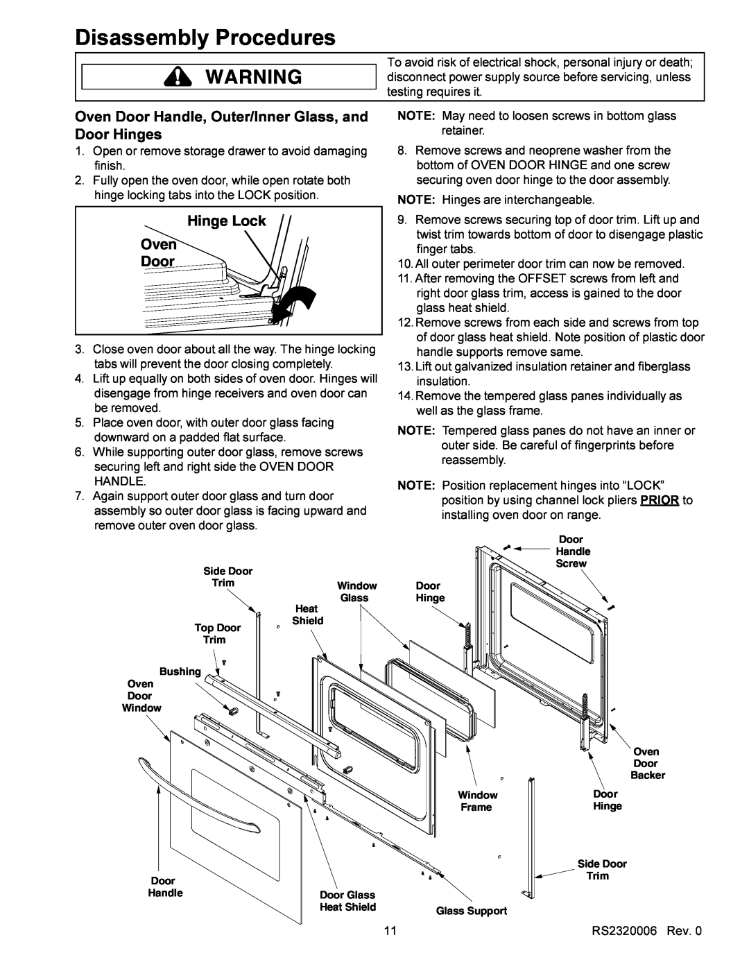 Amana RS2320006 Disassembly Procedures, Oven Door Handle, Outer/Inner Glass, and, Door Hinges, Hinge Lock Oven Door 