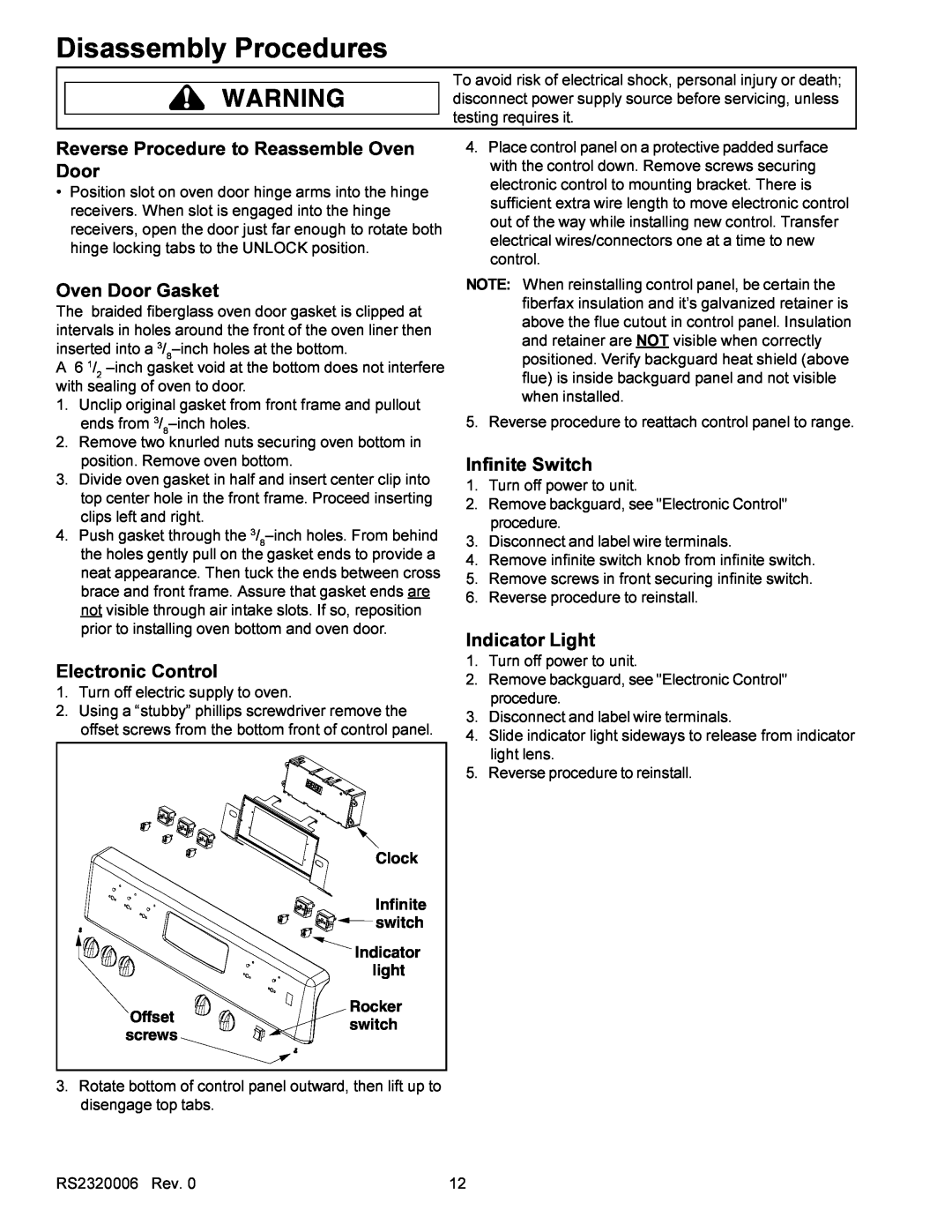 Amana RS2320006 Reverse Procedure to Reassemble Oven Door, Oven Door Gasket, Infinite Switch, Indicator Light, Clock 