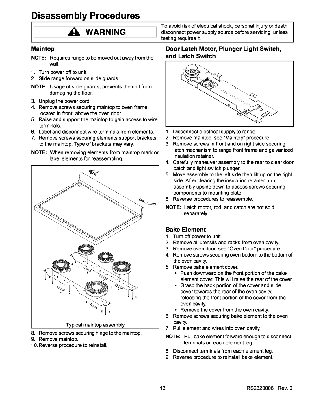 Amana RS2320006 service manual Maintop, Door Latch Motor, Plunger Light Switch, and Latch Switch, Bake Element, wall 