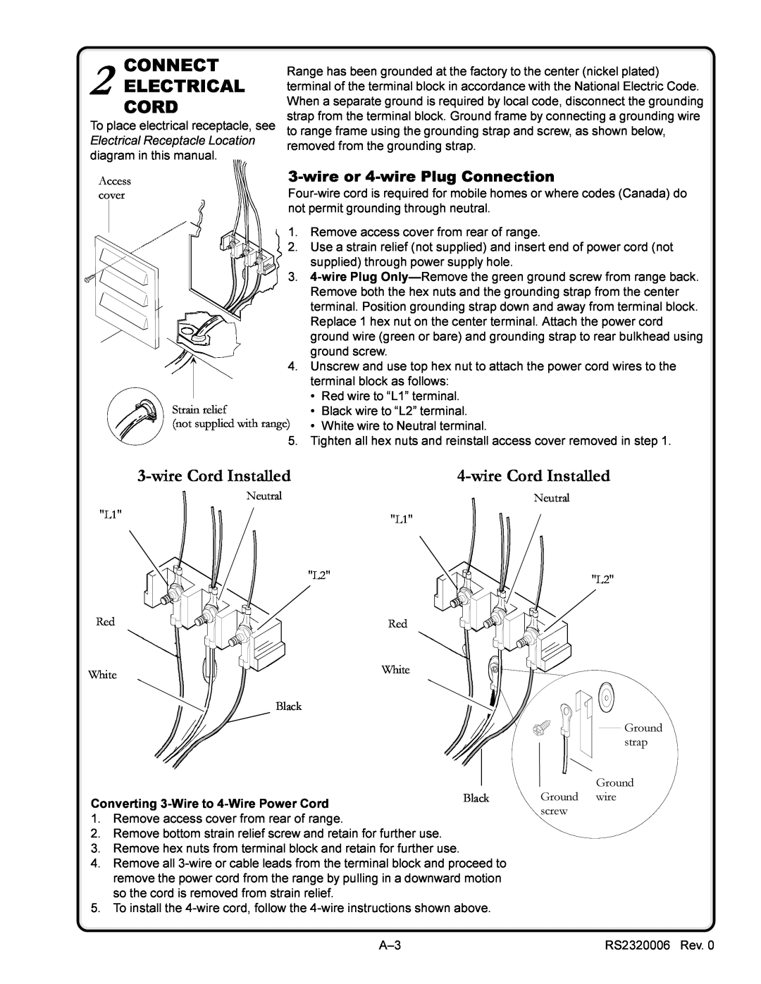 Amana RS2320006 service manual Connect Electrical Cord, Zluh&Rug,Qvwdoohgzluh&Rug,Qvwdoohg, wire or 4-wire Plug Connection 