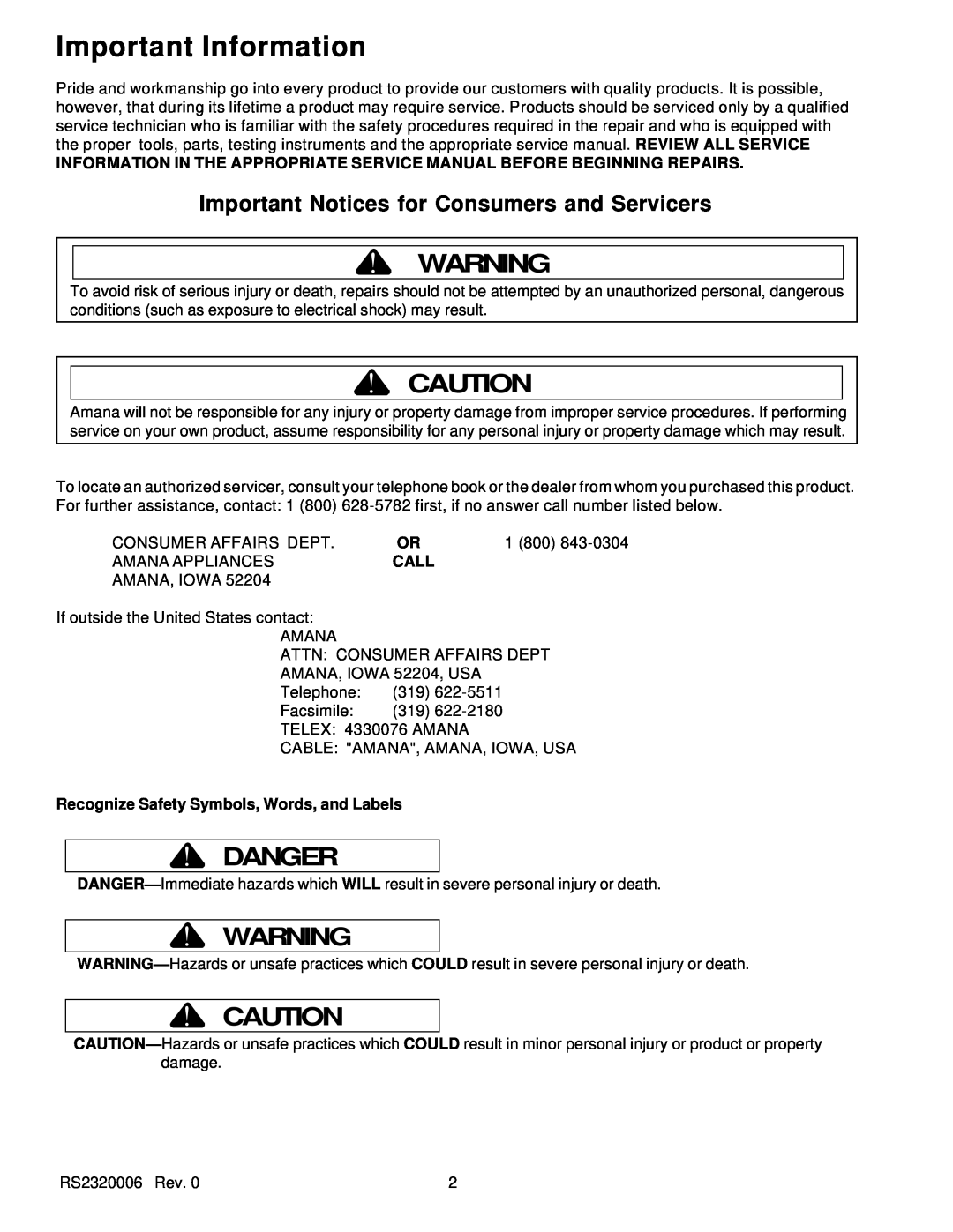 Amana RS2320006 service manual Important Information, Danger, Call, Recognize Safety Symbols, Words, and Labels 