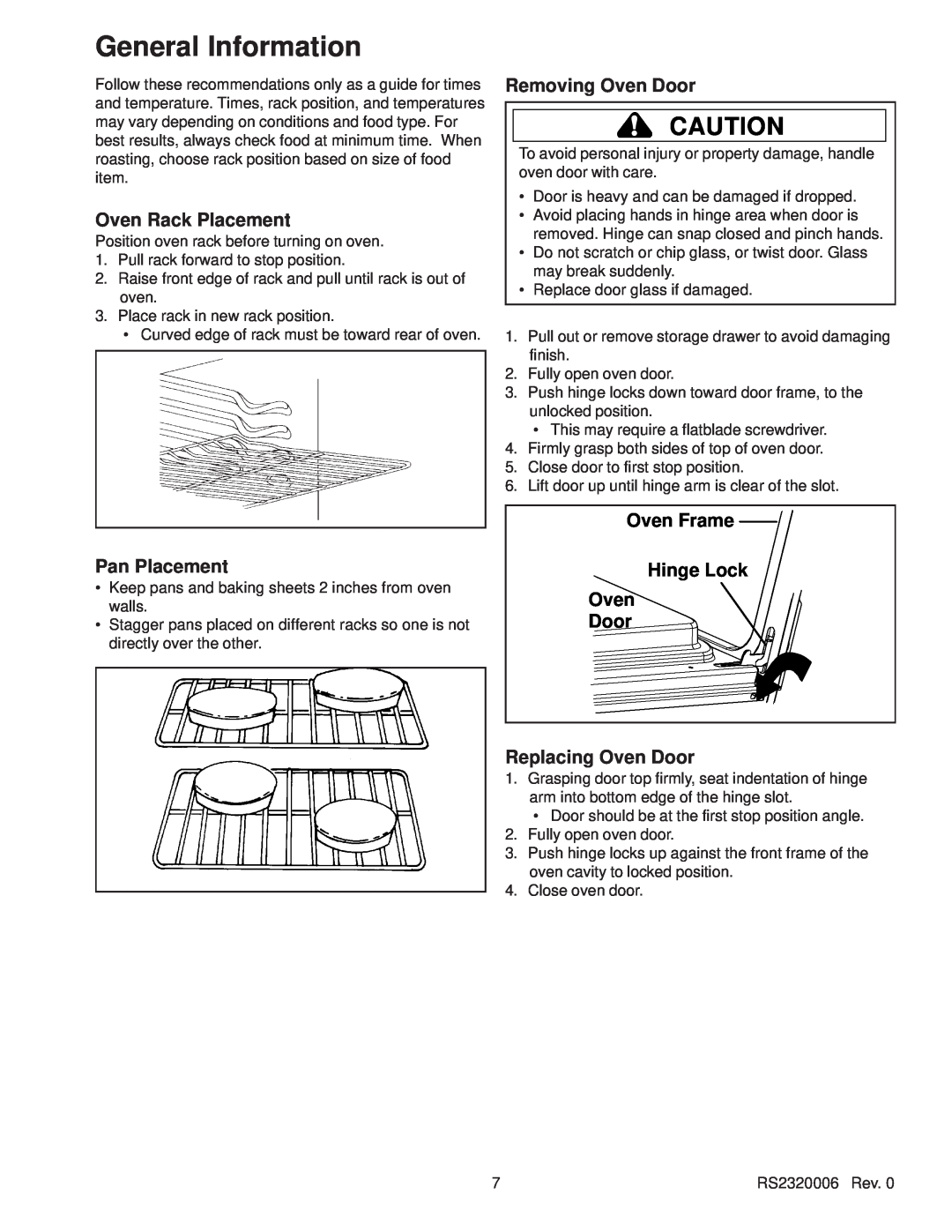 Amana RS2320006 service manual Oven Rack Placement, Pan Placement, Removing Oven Door, Oven Frame Hinge Lock Oven Door 
