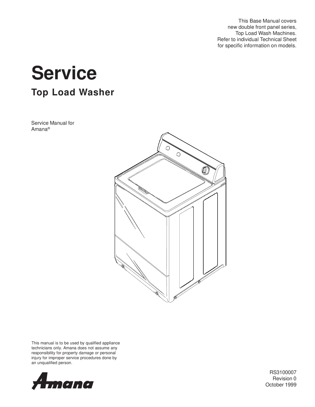 Amana RS3100007 service manual Service, Top Load Washer 