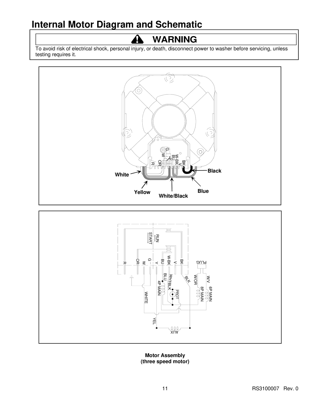 Amana RS3100007 service manual Black White YellowBlue White/Black, Motor Assembly Three speed motor 