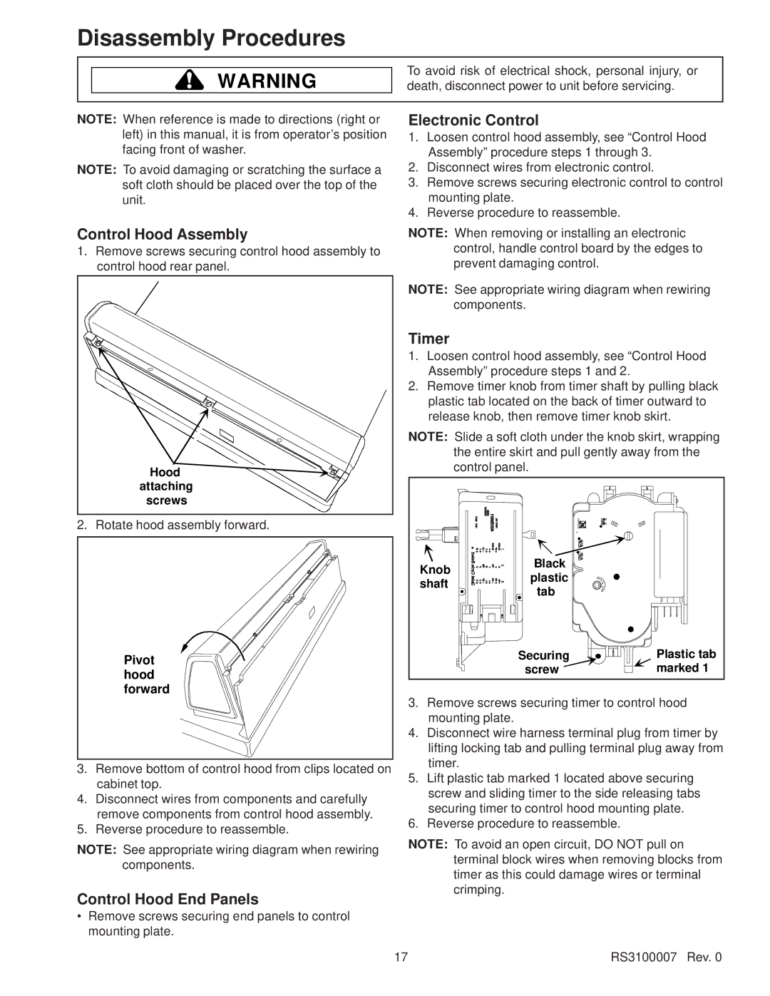 Amana RS3100007 Disassembly Procedures, Control Hood Assembly, Control Hood End Panels, Electronic Control, Timer 