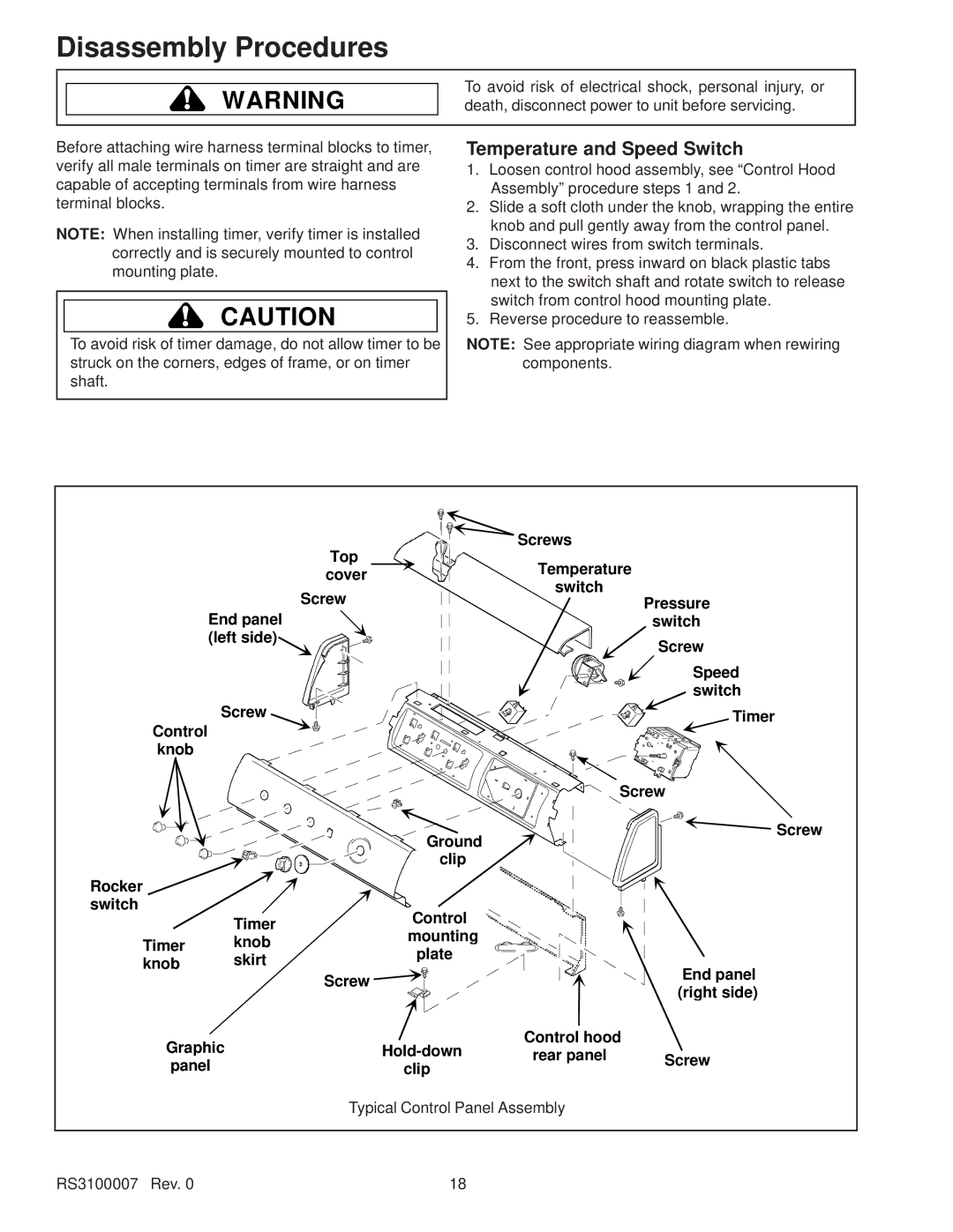 Amana RS3100007 service manual Temperature and Speed Switch 