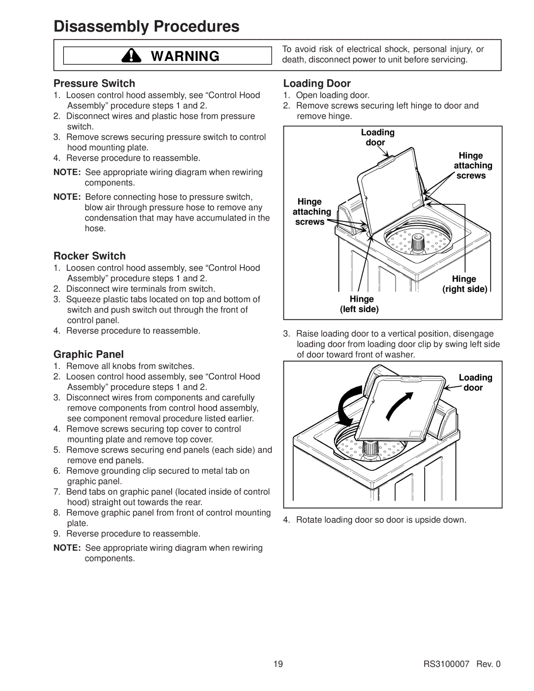 Amana RS3100007 service manual Pressure Switch, Rocker Switch, Graphic Panel, Loading Door 