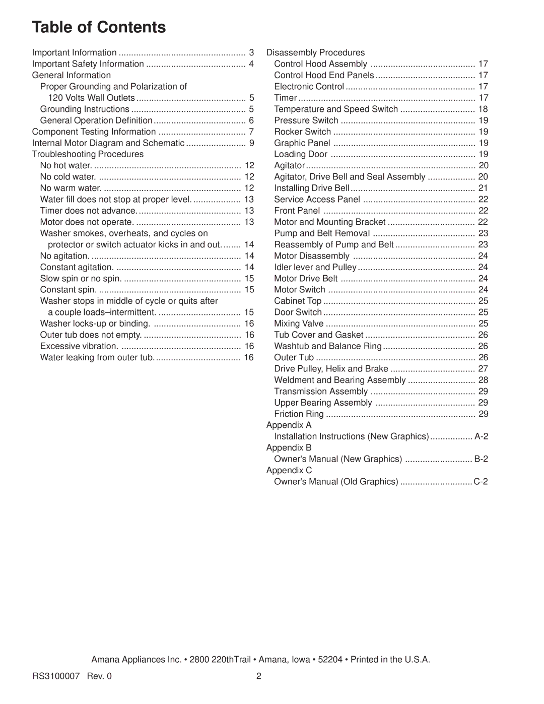 Amana RS3100007 service manual Table of Contents 