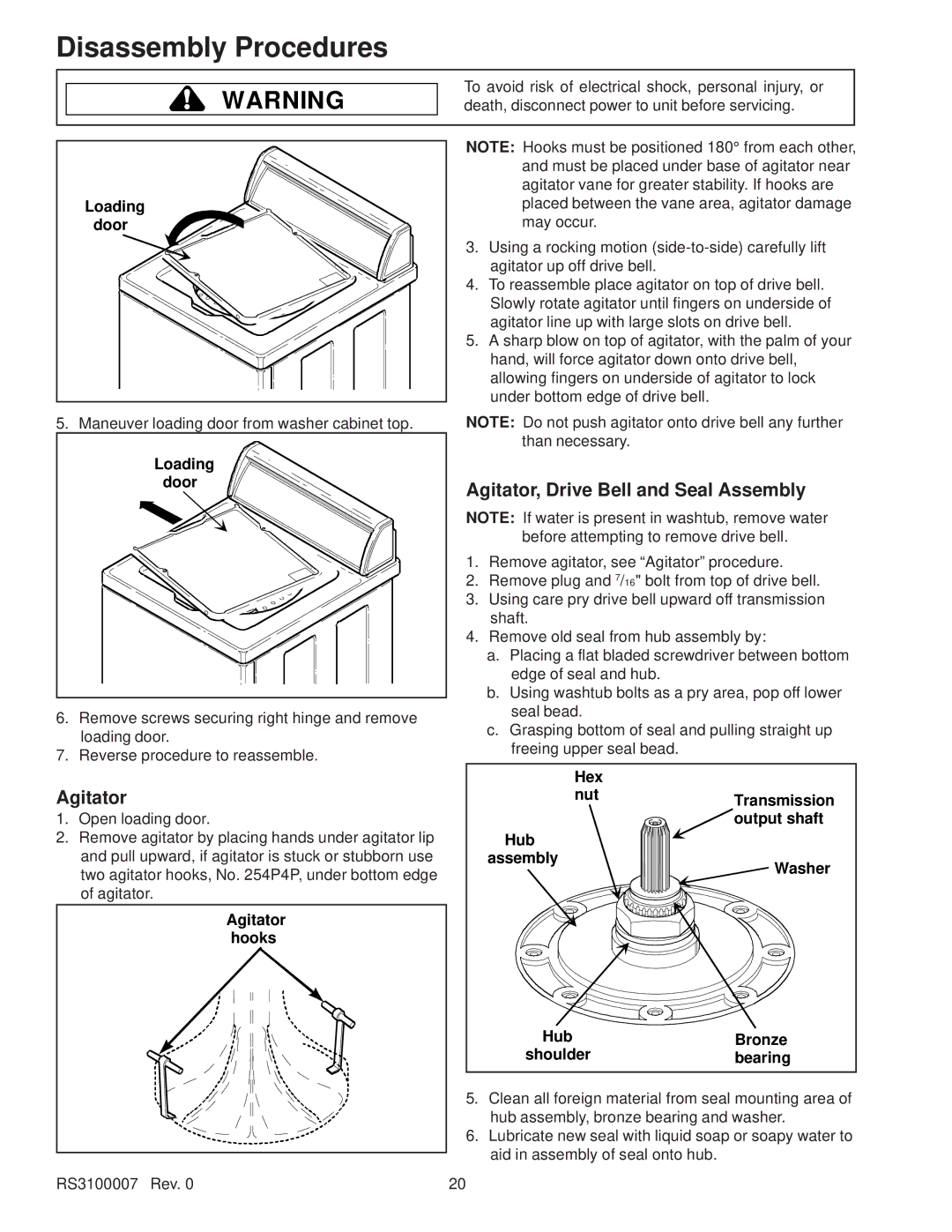 Amana RS3100007 service manual Agitator, Drive Bell and Seal Assembly 