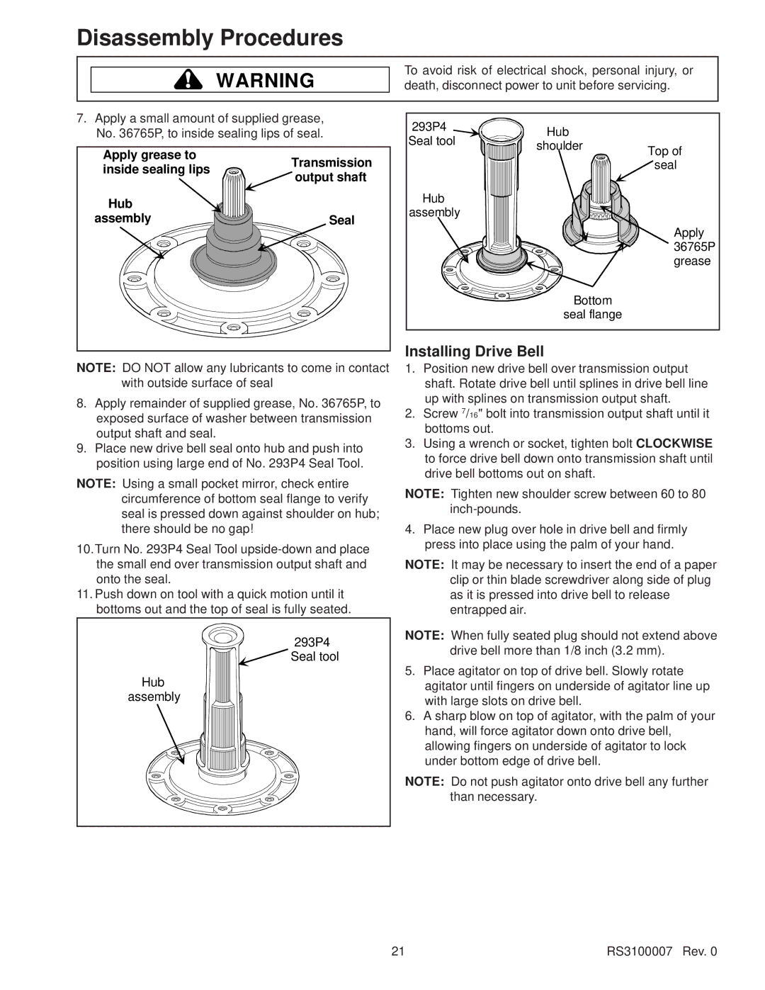 Amana RS3100007 service manual Installing Drive Bell 