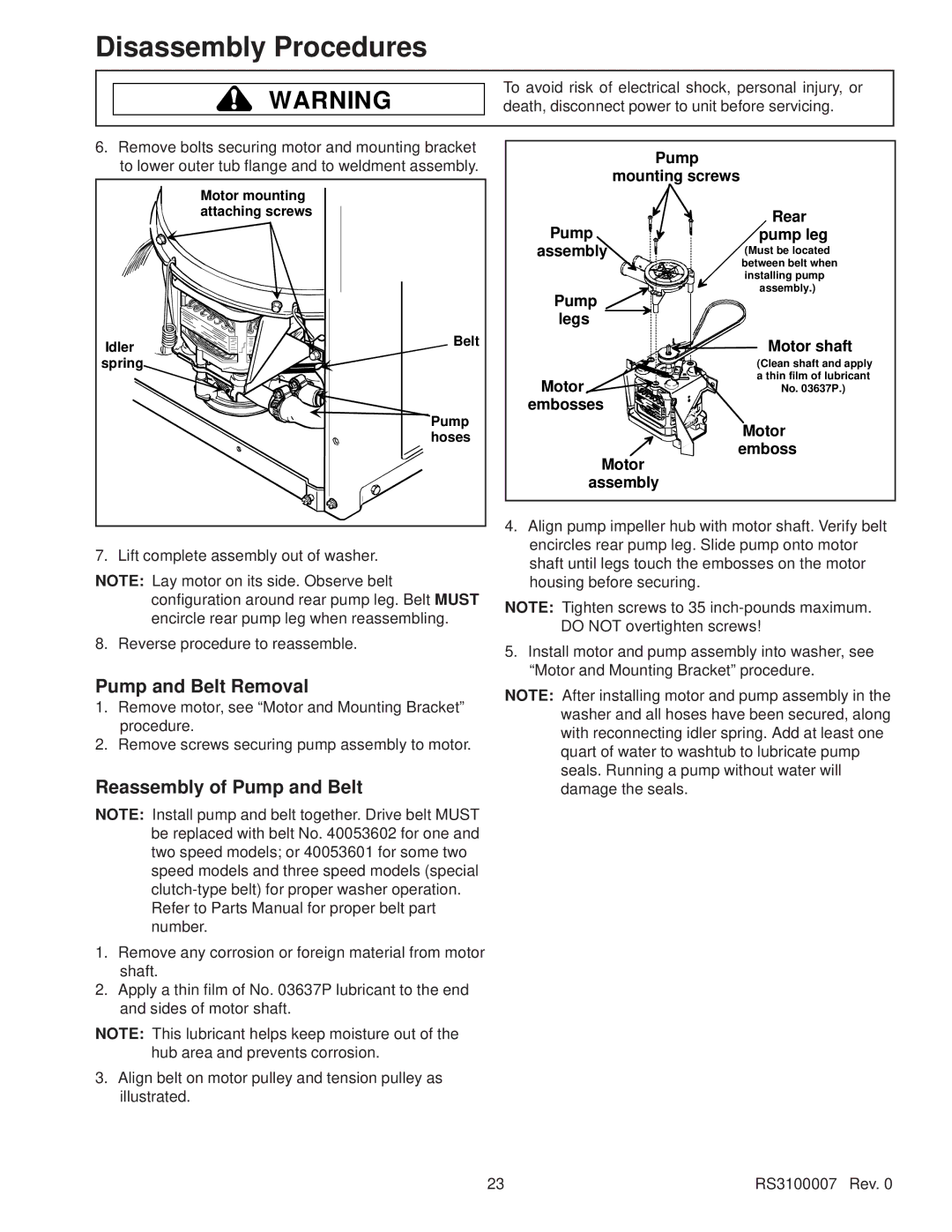 Amana RS3100007 Pump and Belt Removal, Reassembly of Pump and Belt, Pump Mounting screws Rear Pump leg Assembly 