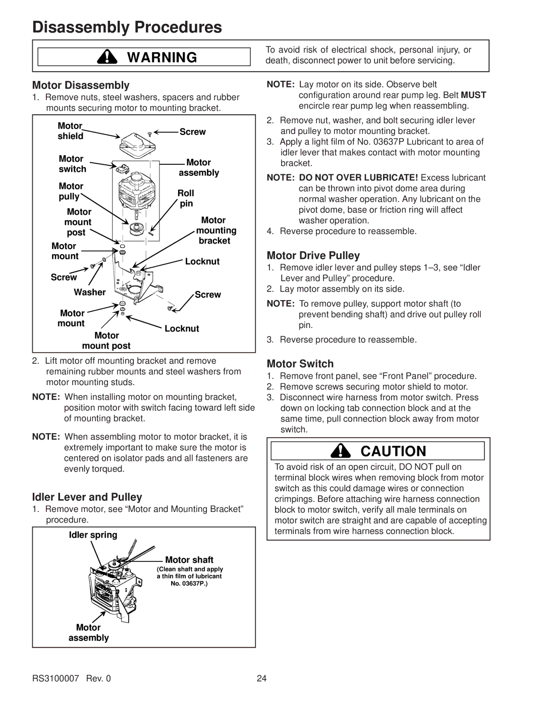 Amana RS3100007 service manual Motor Disassembly, Motor Drive Pulley, Idler Lever and Pulley, Motor Switch 