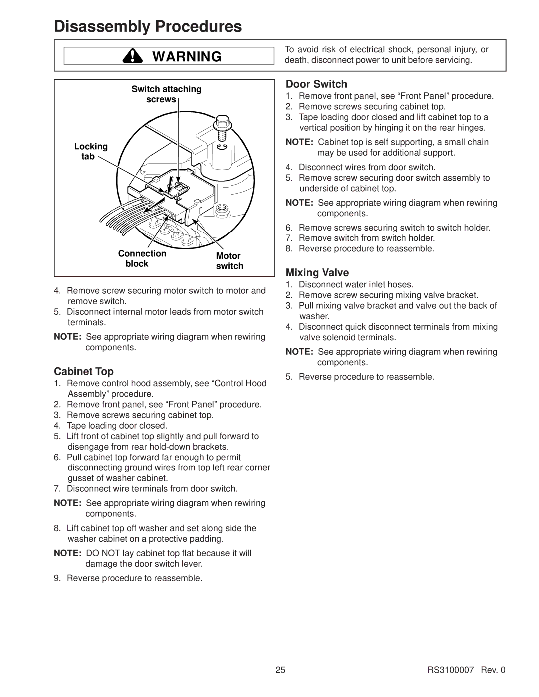 Amana RS3100007 service manual Door Switch, Mixing Valve, Cabinet Top 