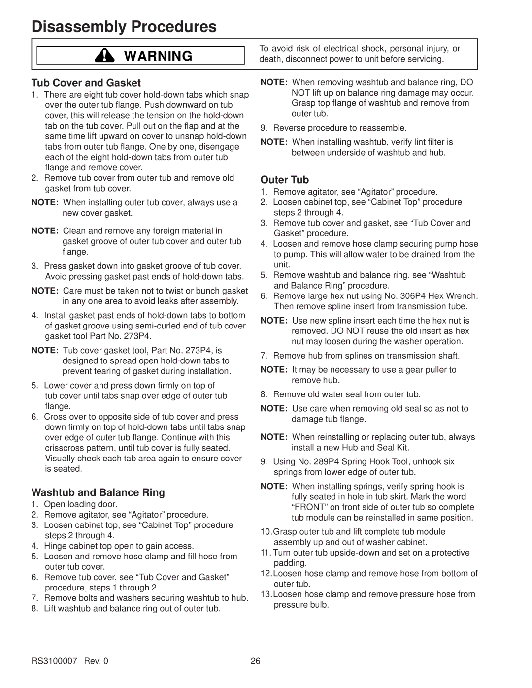 Amana RS3100007 service manual Tub Cover and Gasket, Washtub and Balance Ring, Outer Tub 