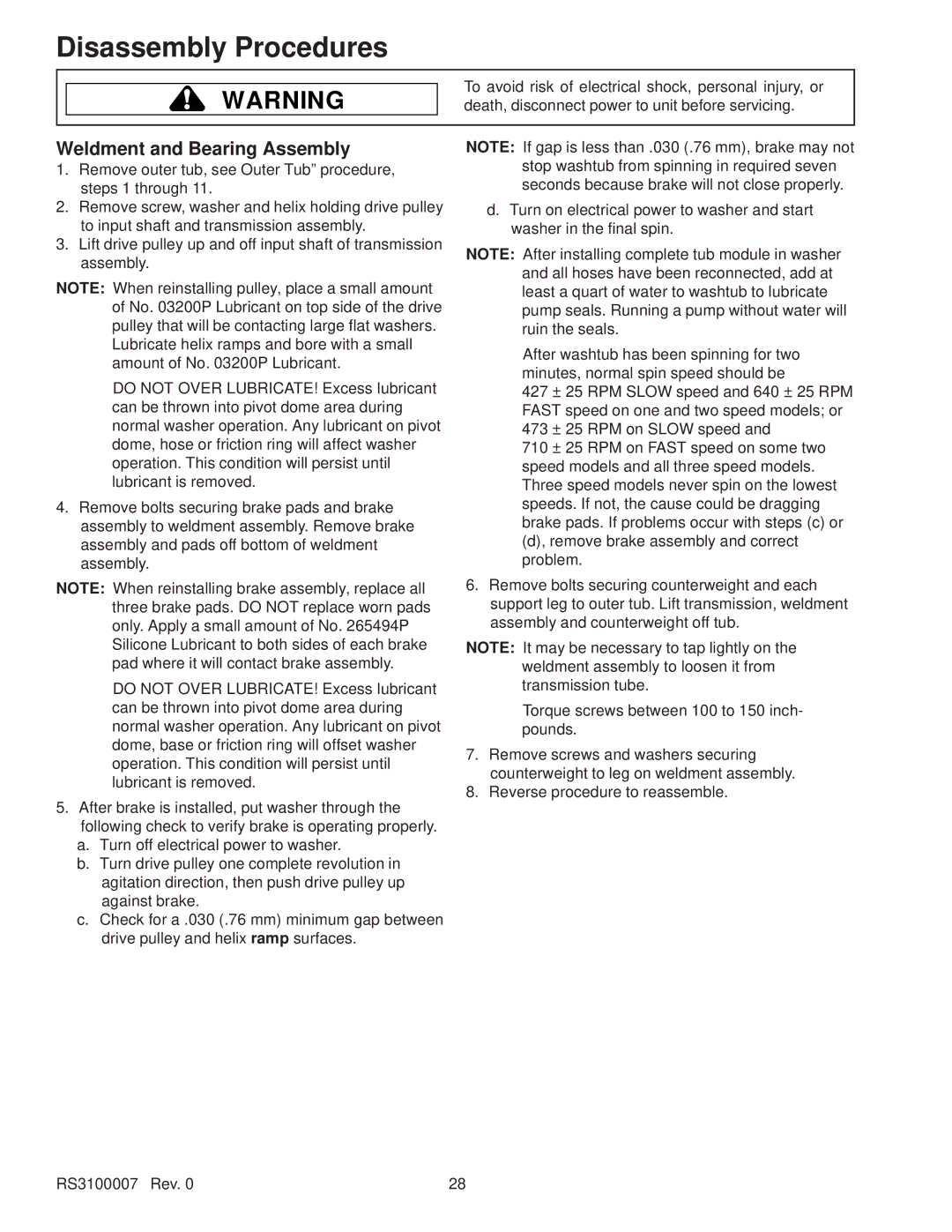 Amana RS3100007 service manual Weldment and Bearing Assembly 