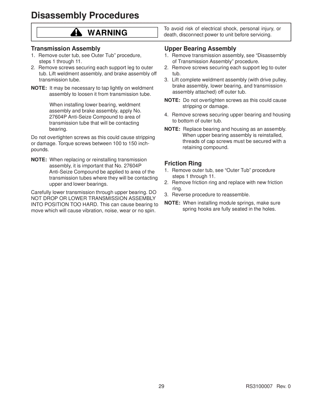 Amana RS3100007 service manual Transmission Assembly, Upper Bearing Assembly, Friction Ring 