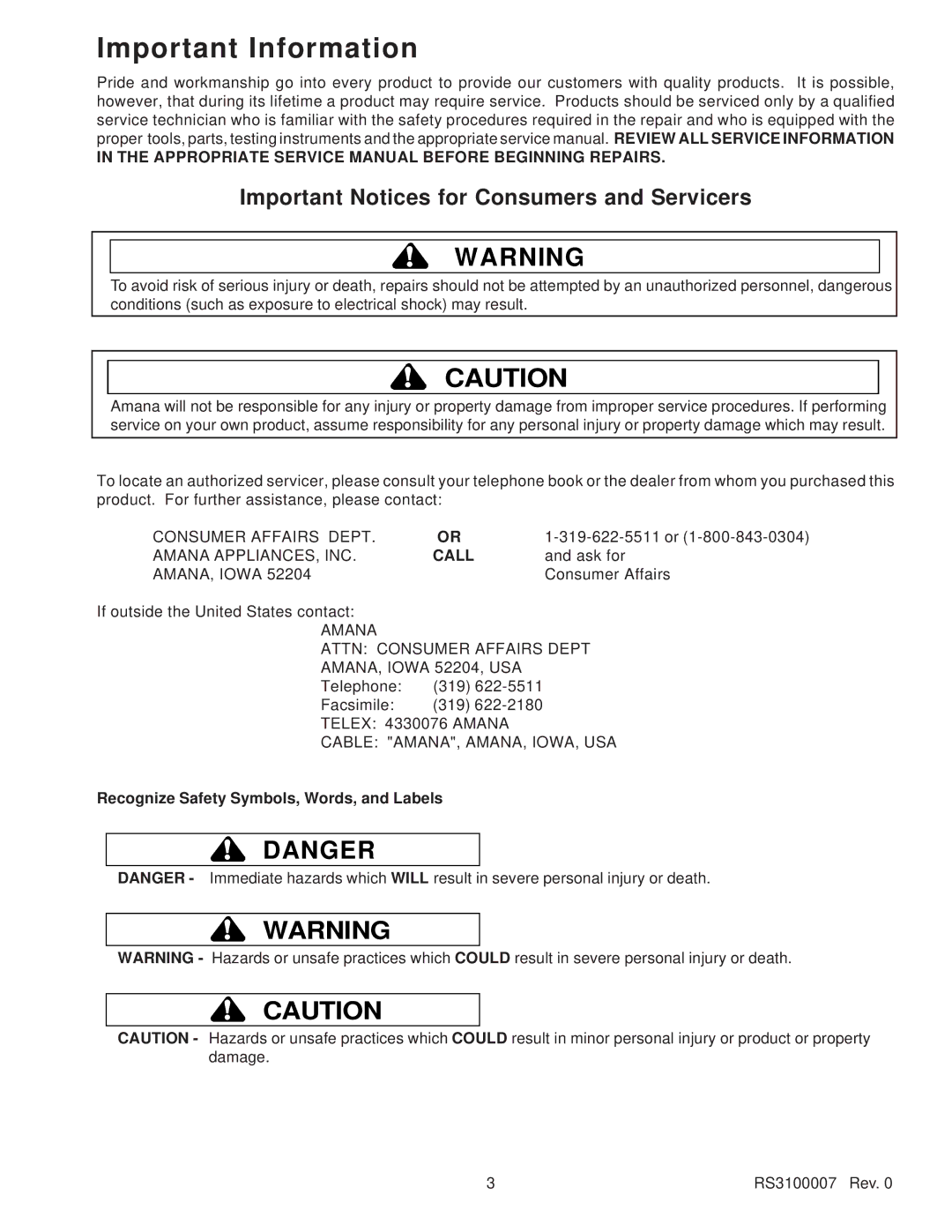 Amana RS3100007 service manual Important Information, Important Notices for Consumers and Servicers 