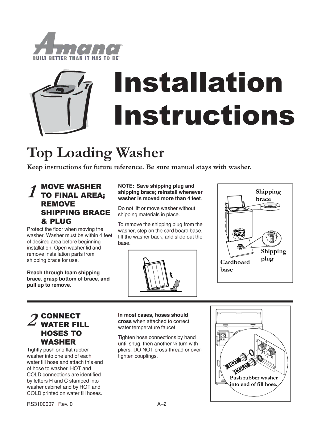 Amana RS3100007 service manual Installation Instructions 