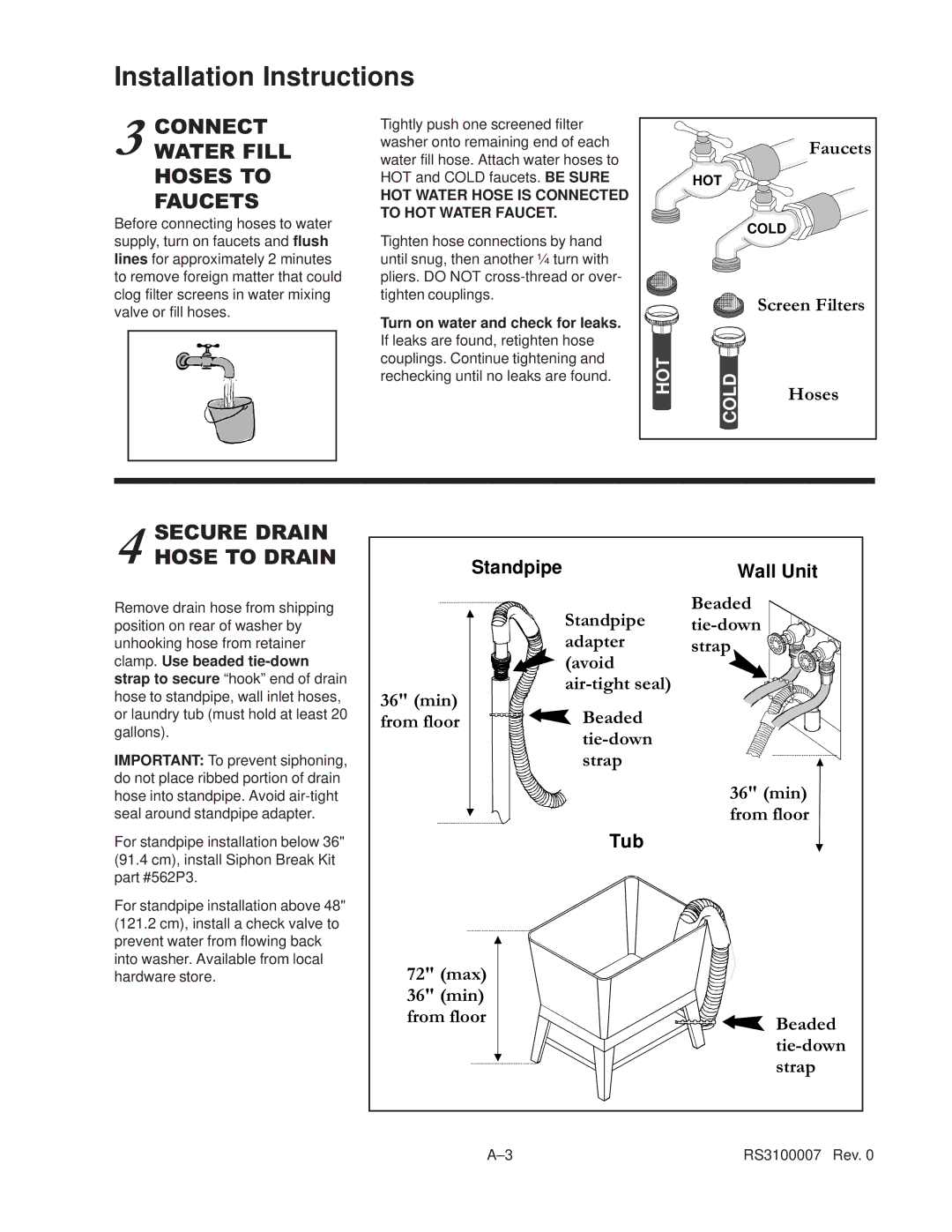 Amana RS3100007 service manual Standpipe, Tub Wall Unit 