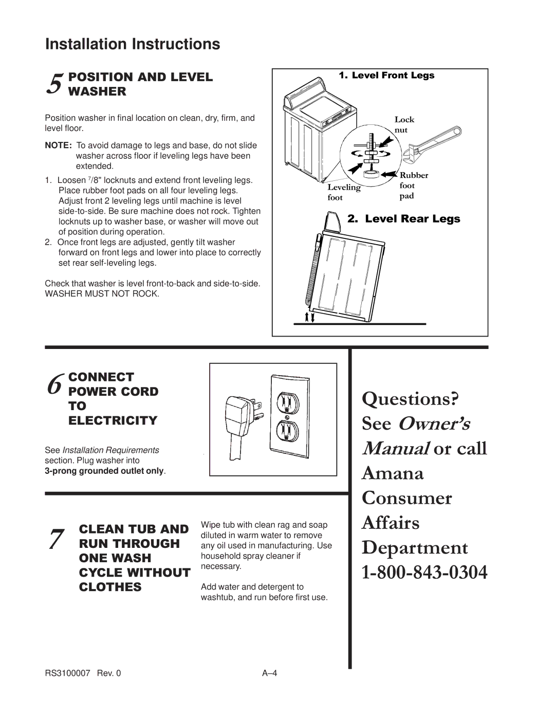 Amana RS3100007 service manual Positionwasher and Level, Prong grounded outlet only 