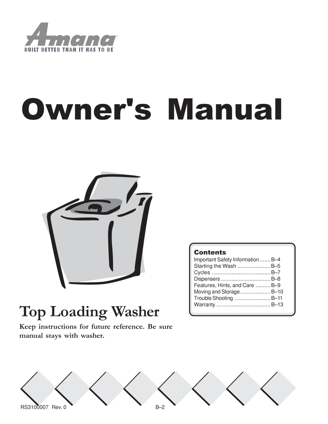 Amana RS3100007 service manual Top Loading Washer 