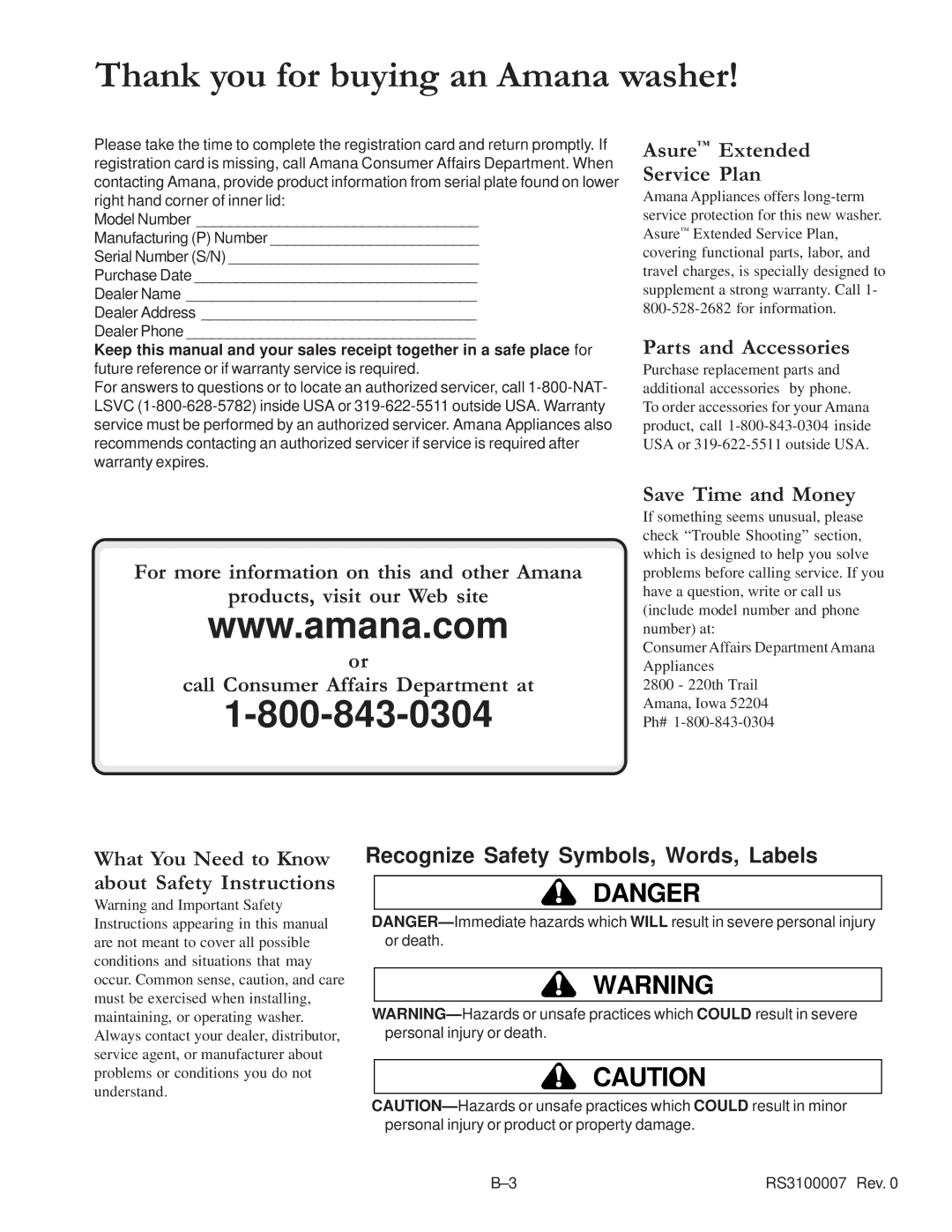 Amana RS3100007 service manual Thank you for buying an Amana washer, Recognize Safety Symbols, Words, Labels 