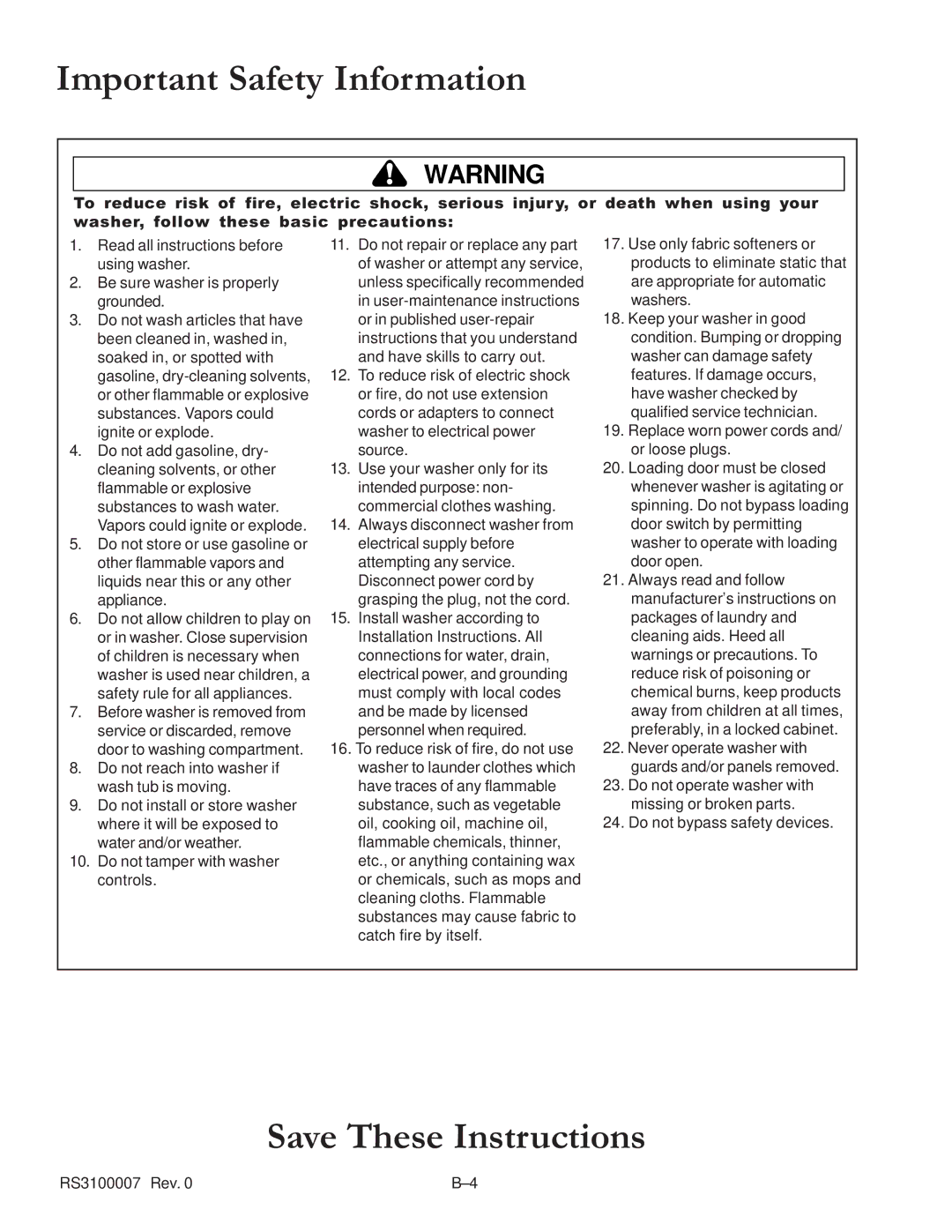 Amana RS3100007 service manual Important Safety Information 