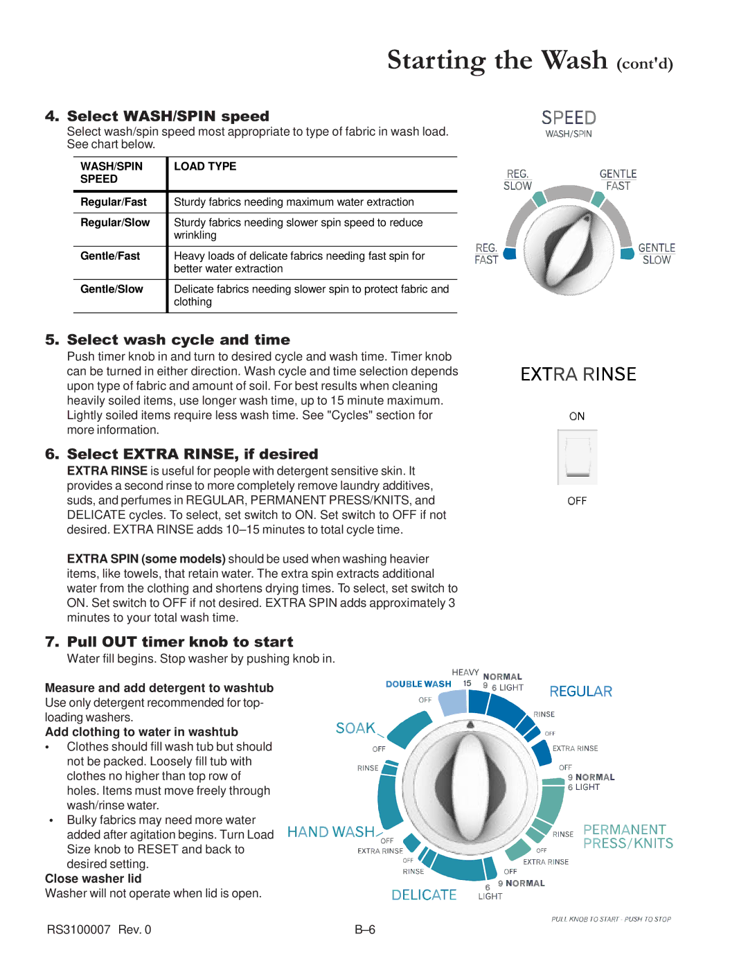 Amana RS3100007 service manual Starting the Wash contd, Close washer lid 