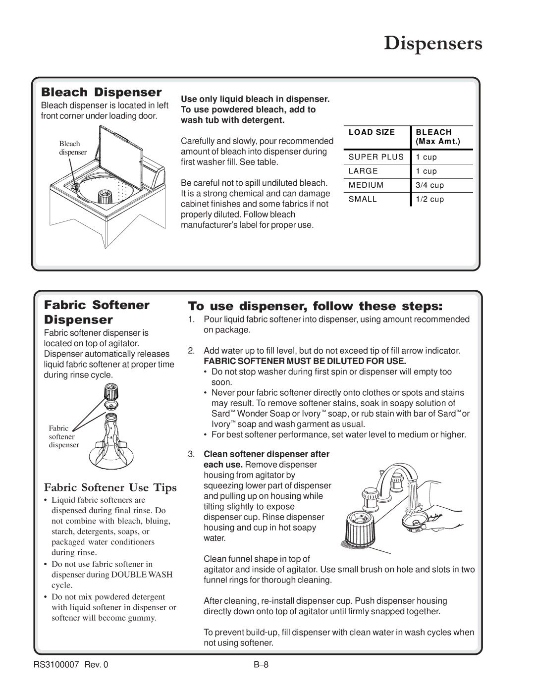 Amana RS3100007 service manual Dispensers, Clean softener dispenser after each use. Remove dispenser 