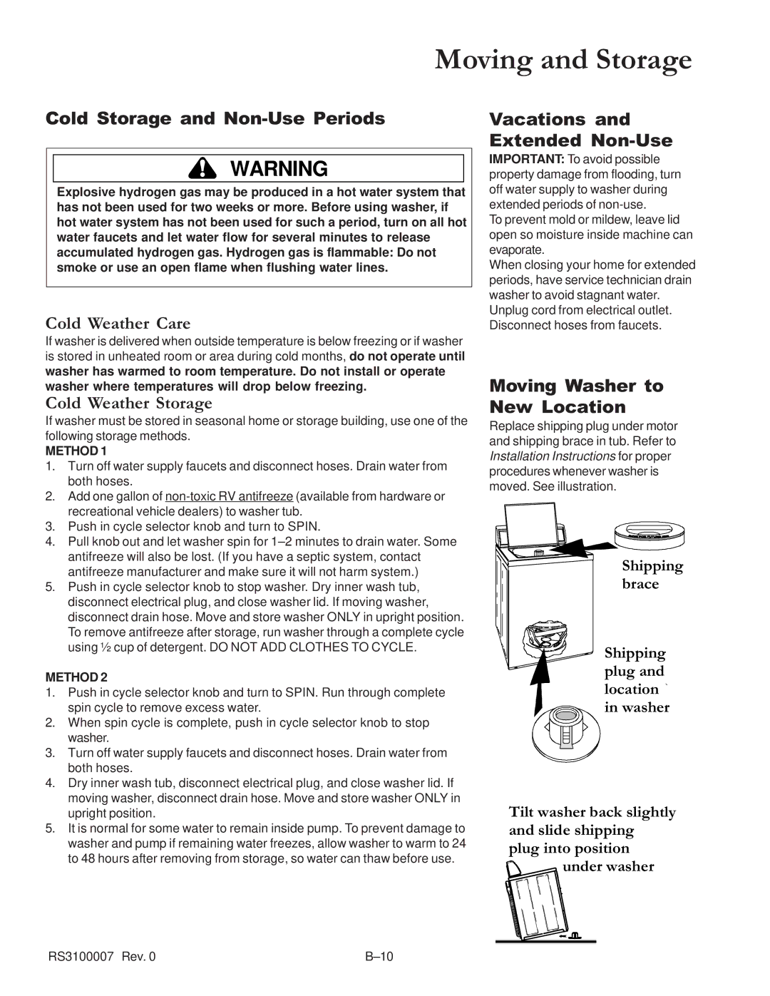 Amana RS3100007 service manual Moving and Storage, Cold Storage and Non-Use Periods 