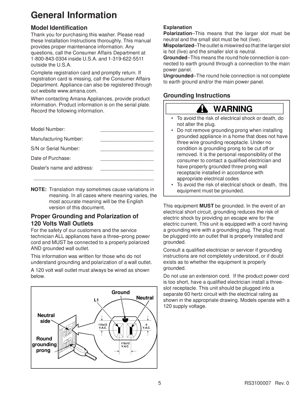 Amana RS3100007 General Information, Model Identification, Proper Grounding and Polarization of 120 Volts Wall Outlets 