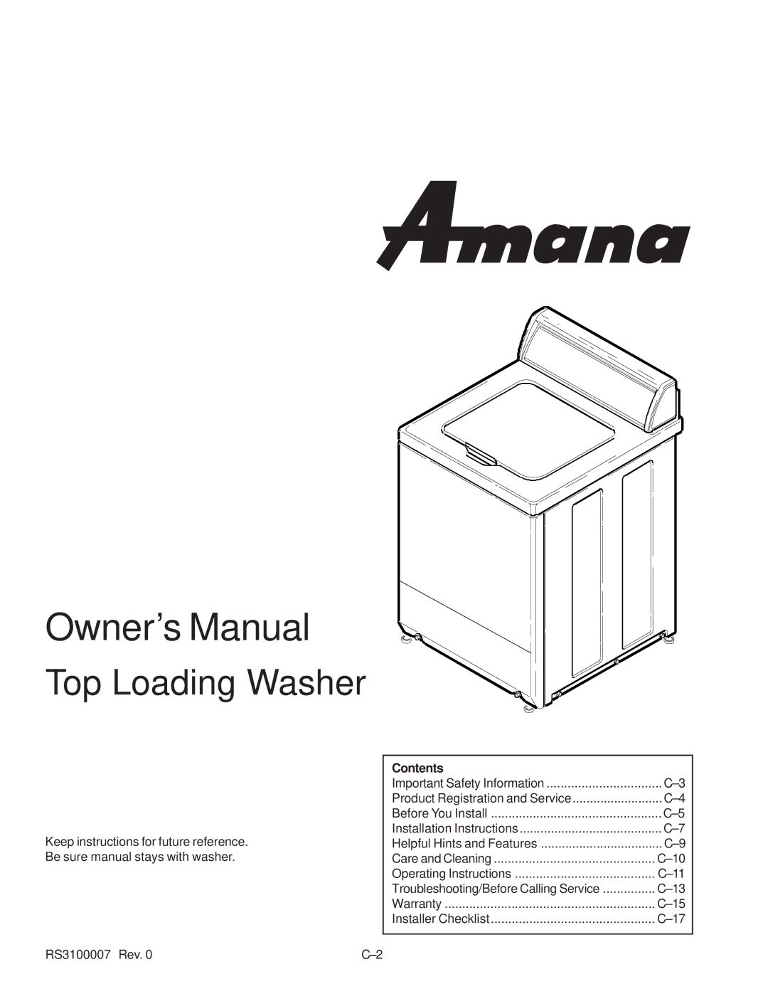 Amana RS3100007 service manual Top Loading Washer, Contents 