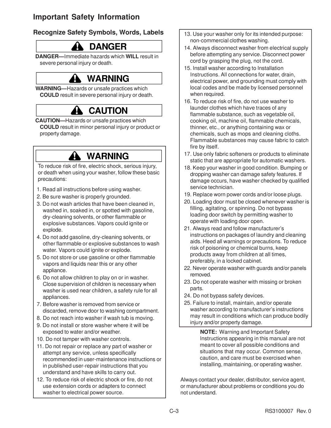 Amana RS3100007 service manual Important Safety Information, Recognize Safety Symbols, Words, Labels 